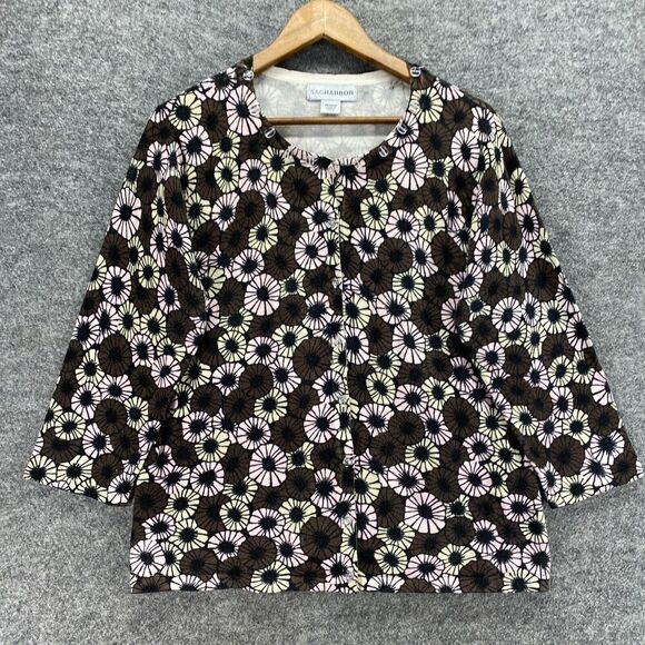 Sag Harbor Cardigan Women M Medium Black Floral Knit Button Long Sleeve Cotton - Picture 4 of 9